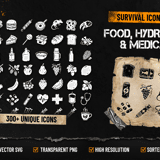 Survival Icons Vol.3 Food, Hydration & Medical cover showing 300+ survival icons including food items, drinks, fruits and medical supplies in SVG and PNG format