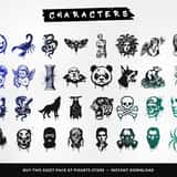 Graffiti characters: smoking angel, Medusa, skulls, wolf, clown