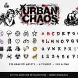 Urban Chaos graffiti elements pack cover – spray-paint smoking angel, KING tag, rat and comet street art vectors