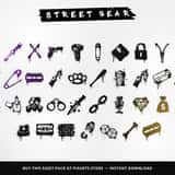 Street gear graffiti icons: gas mask, brass knuckles, chains, razor blades