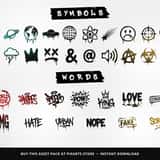 Graffiti symbols and word tags: crown, anarchy, KING, POW