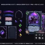 Blank trading card template breakdown showing drag-and-drop modular PNG assets, separated stone frames, and mana crystals.