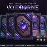 Premium voidborne trading card game template UI kit showcasing hand-painted dark stone borders and heavy obsidian layouts.