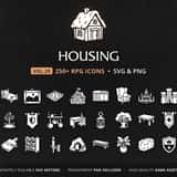 RPG Housing & Furniture Icons Vol.20 – 256 vector game icons: house exteriors, furniture, decorations, trophies, gardens, guild halls, kitchens and lighting, in SVG and PNG