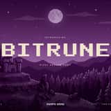 Bitrune pixel arcade font, title over a pixel art castle under the moon