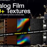 Cover graphic for the 100+ Analog Film 4K Textures pack, displaying a cinematic collage of 35mm film strips, optical light leaks, heavy grain, and vintage film burns on a dark background.