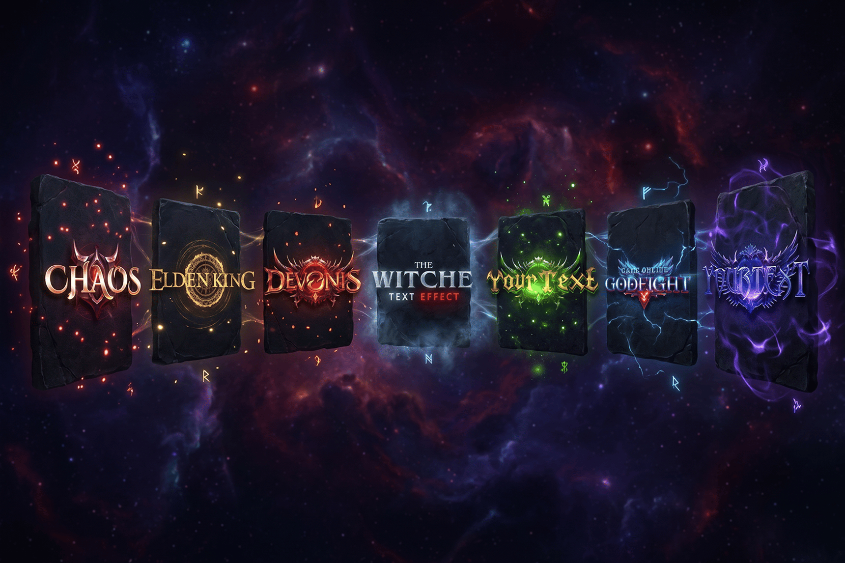 Best game logo templates for MMORPG servers - floating cosmic cards showing different fantasy styles