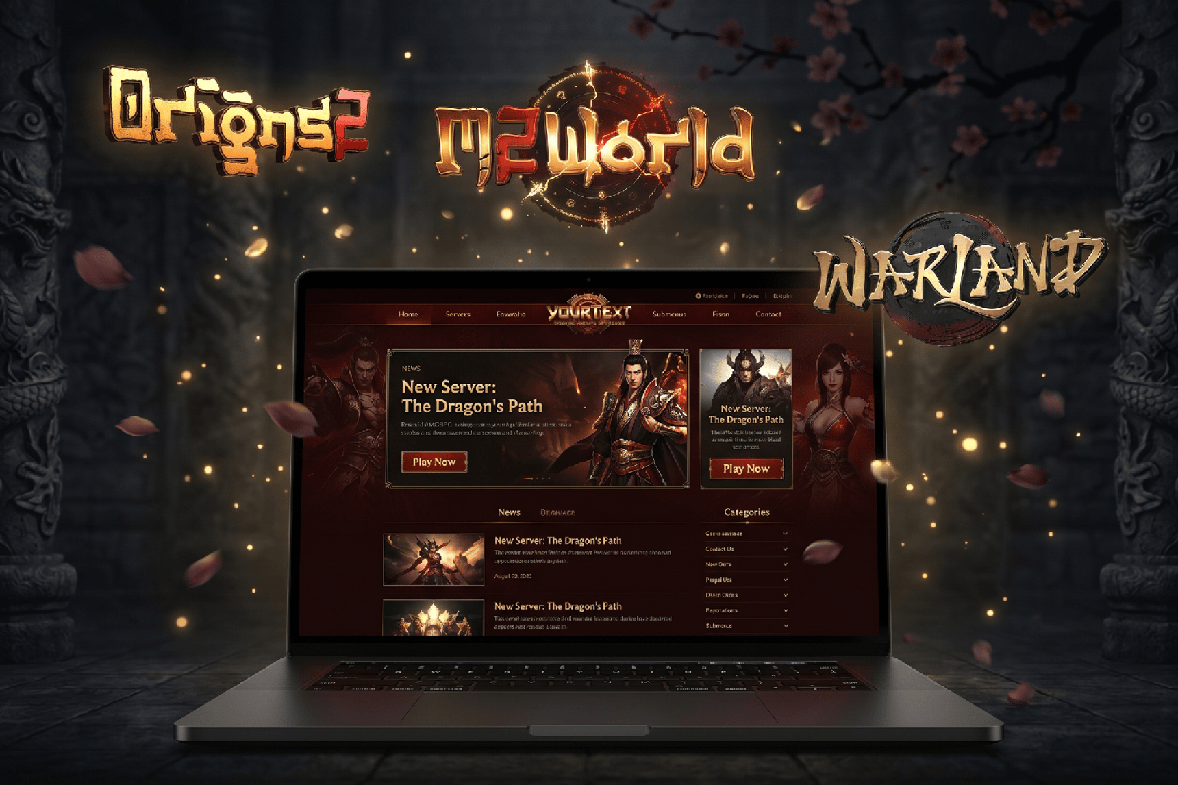 Metin2 logo and website templates - oriental MMORPG branding with Origins, M2World and Warland logos