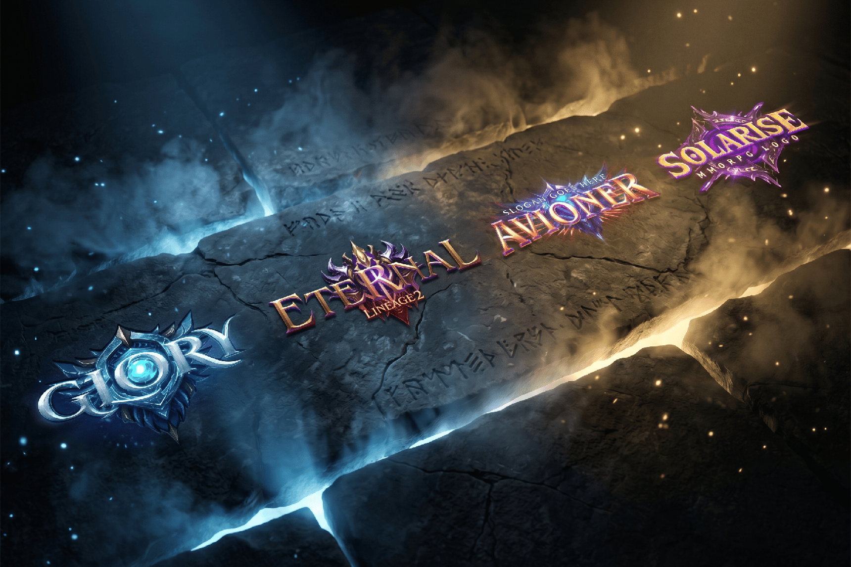 MU Online and Lineage 2 logo templates - celestial and fantasy MMORPG designs on ancient scroll