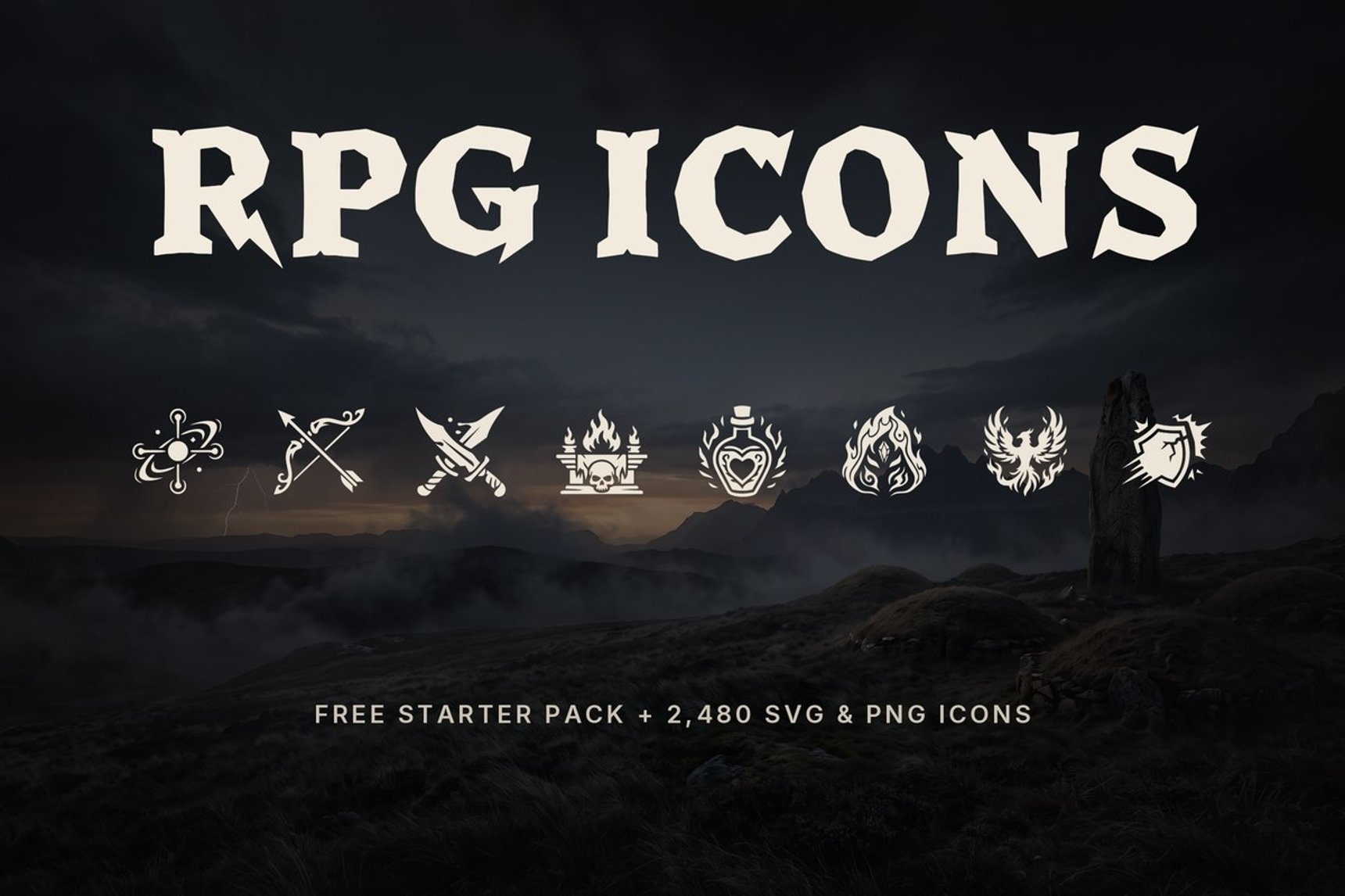 How to choose RPG icons: white silhouette skill and item icons on a dark fantasy background