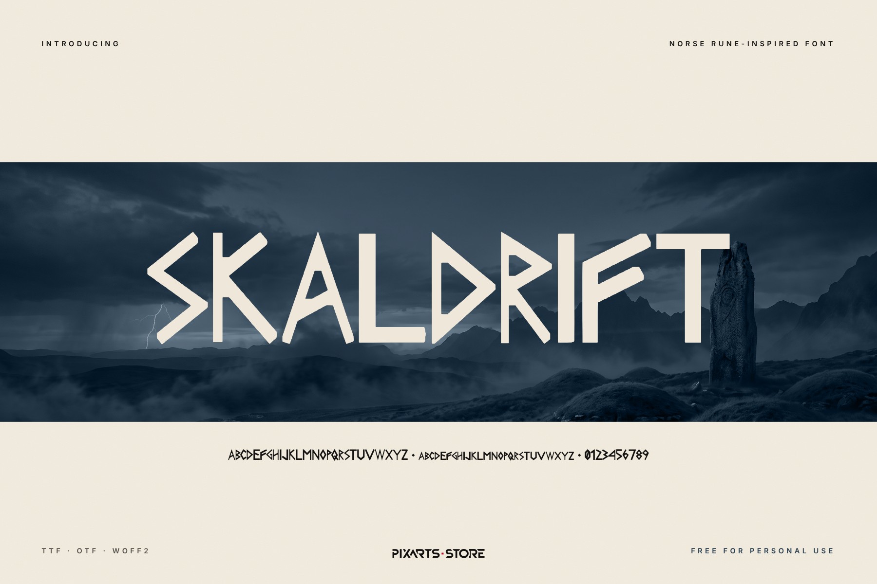 Skaldrift Norse rune-inspired font, title on a northern sea landscape strip