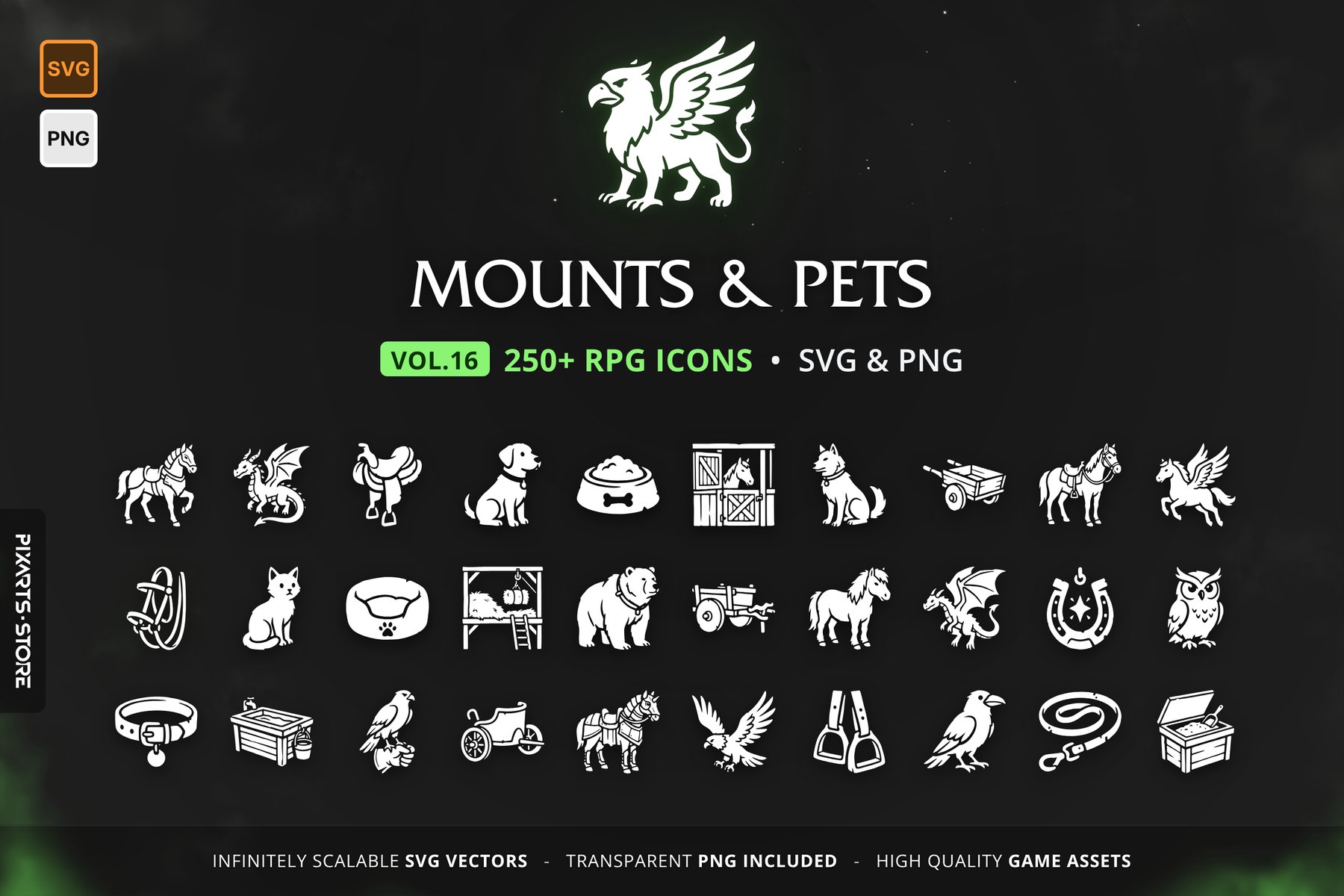 RPG Mounts & Pets Icons Vol.16 – 256 vector game icons: horses, flying and water mounts, mount armor, pets, pet food and stable animals, in SVG and PNG
