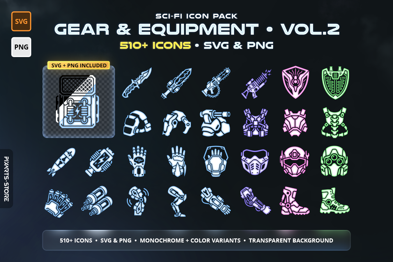 Sci-Fi Gear & Equipment Icon Pack Vol.2 – 510+ cyberpunk gear icons including exo-armor, helmets, plasma weapons and cybernetic implants. SVG and PNG with 6 color variants.