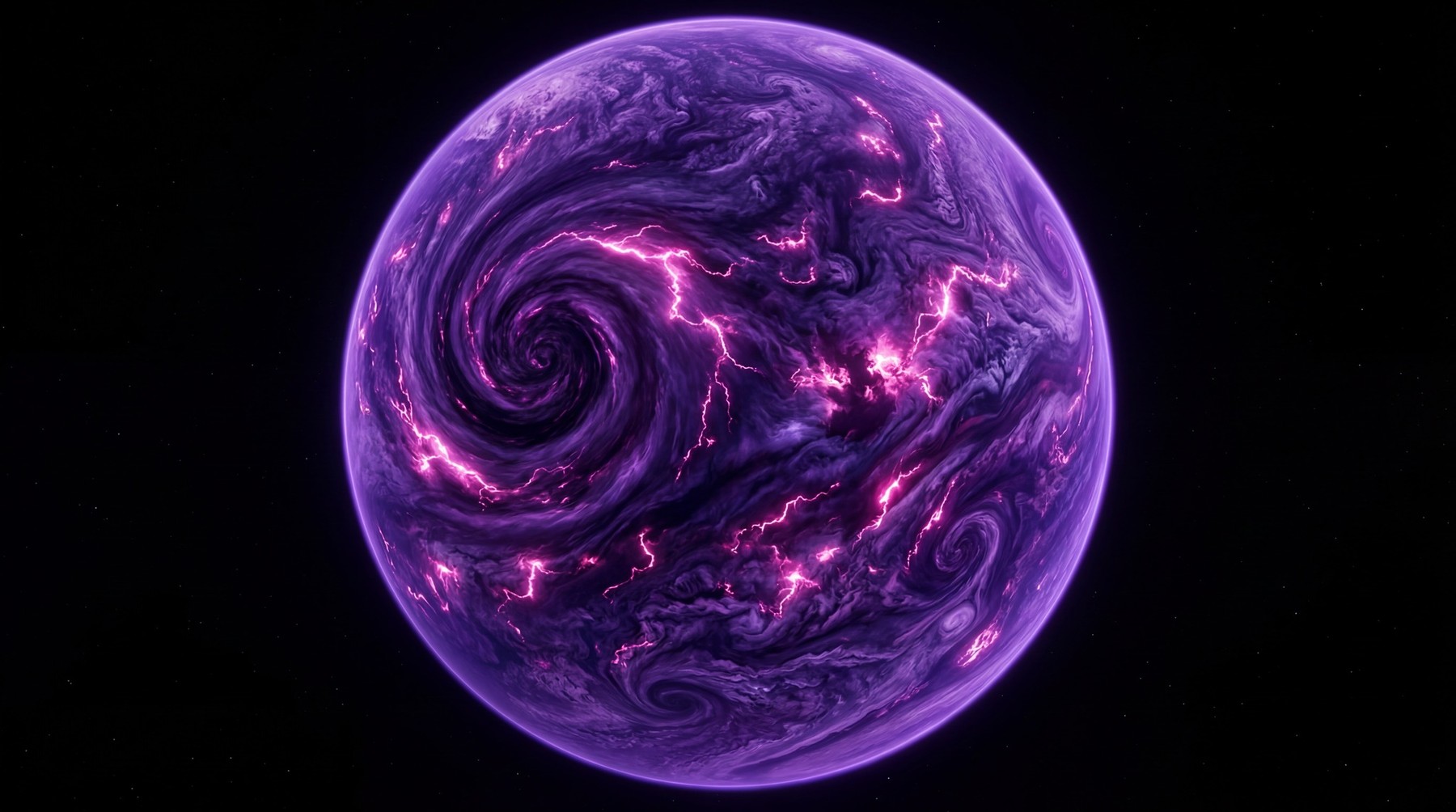 A vibrant purple gas giant planet with swirling cloud formations and intense pink lightning strikes visible on its surface, set against a black, star-speckled background.