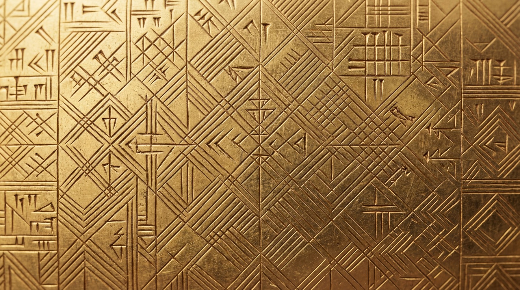 A detailed 4K texture featuring golden metal engraved with cuneiform script and geometric patterns.