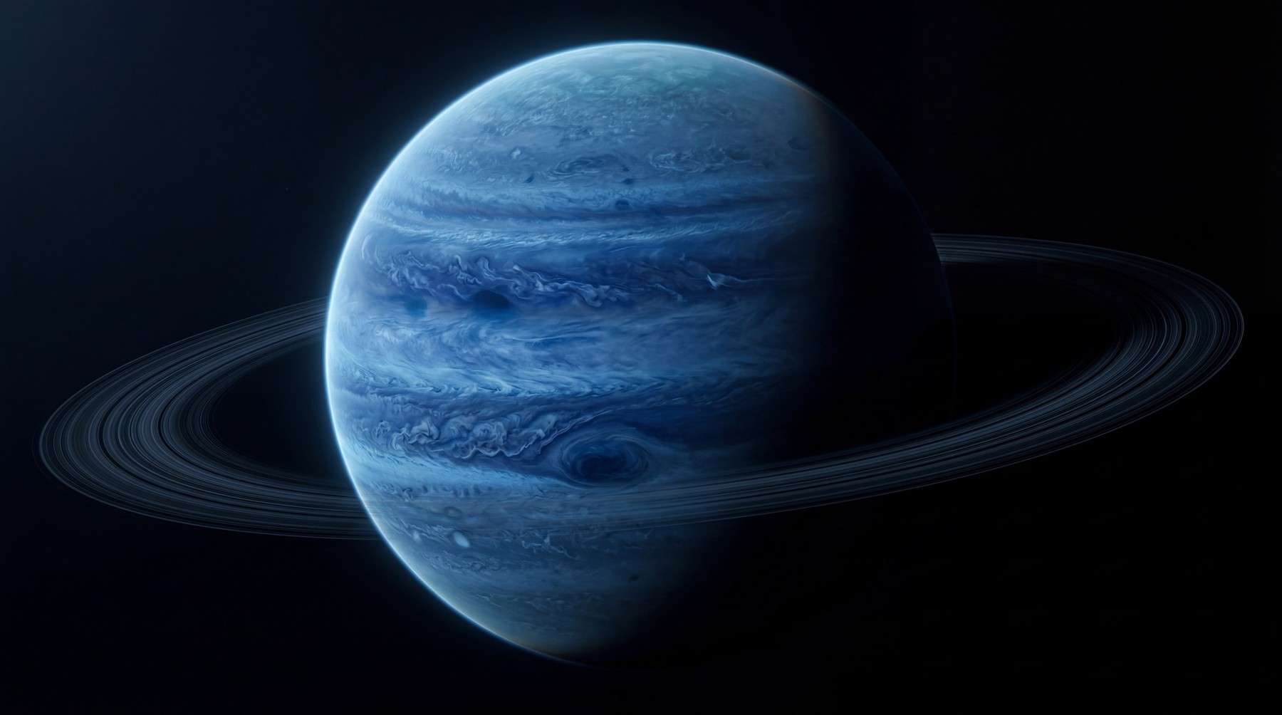 A deep blue gas giant planet with prominent white and darker blue atmospheric bands and a visible ring system, set against a black background.