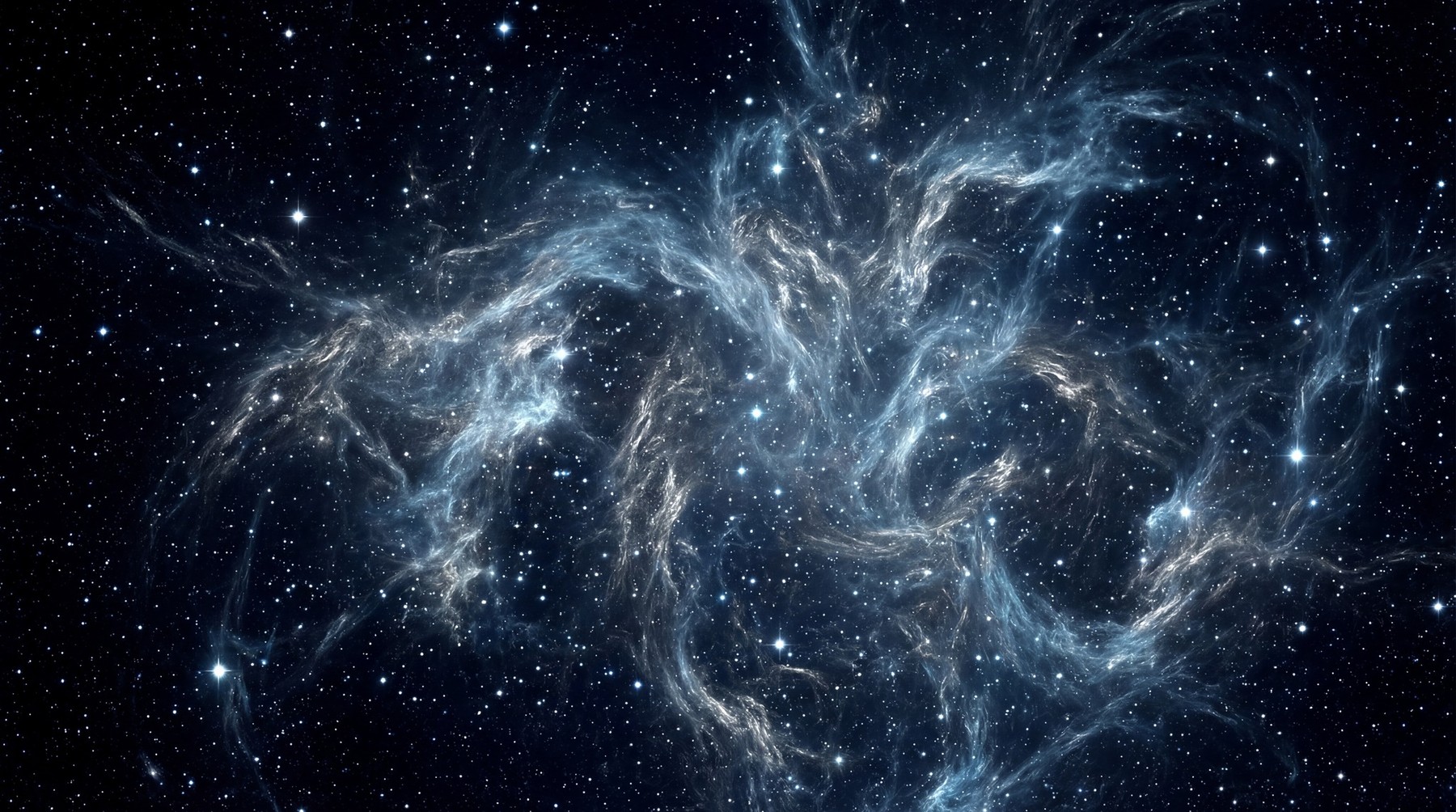 Deep space scene with swirling blue and white nebulae clouds amidst a dense field of bright stars.