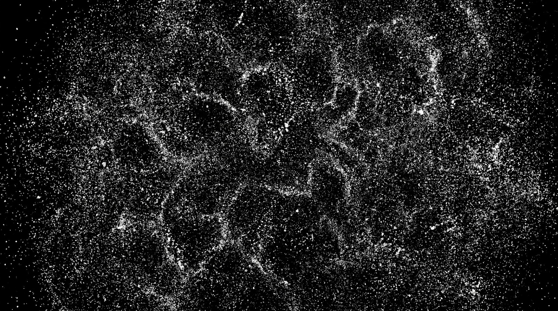 A black background filled with scattered white particles forming a cellular or network-like pattern with varying densities.