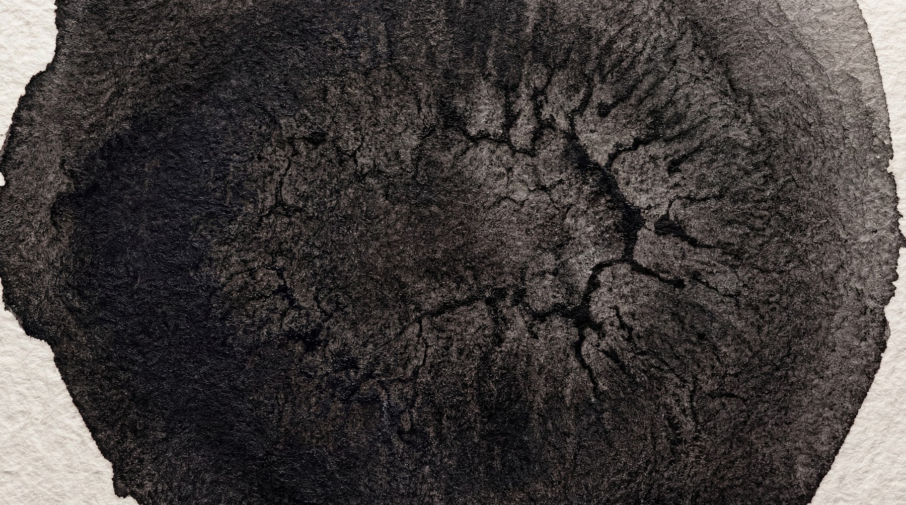 Close-up of a dark, cracked ink texture with fine, branching lines resembling dried earth or a spiderweb.