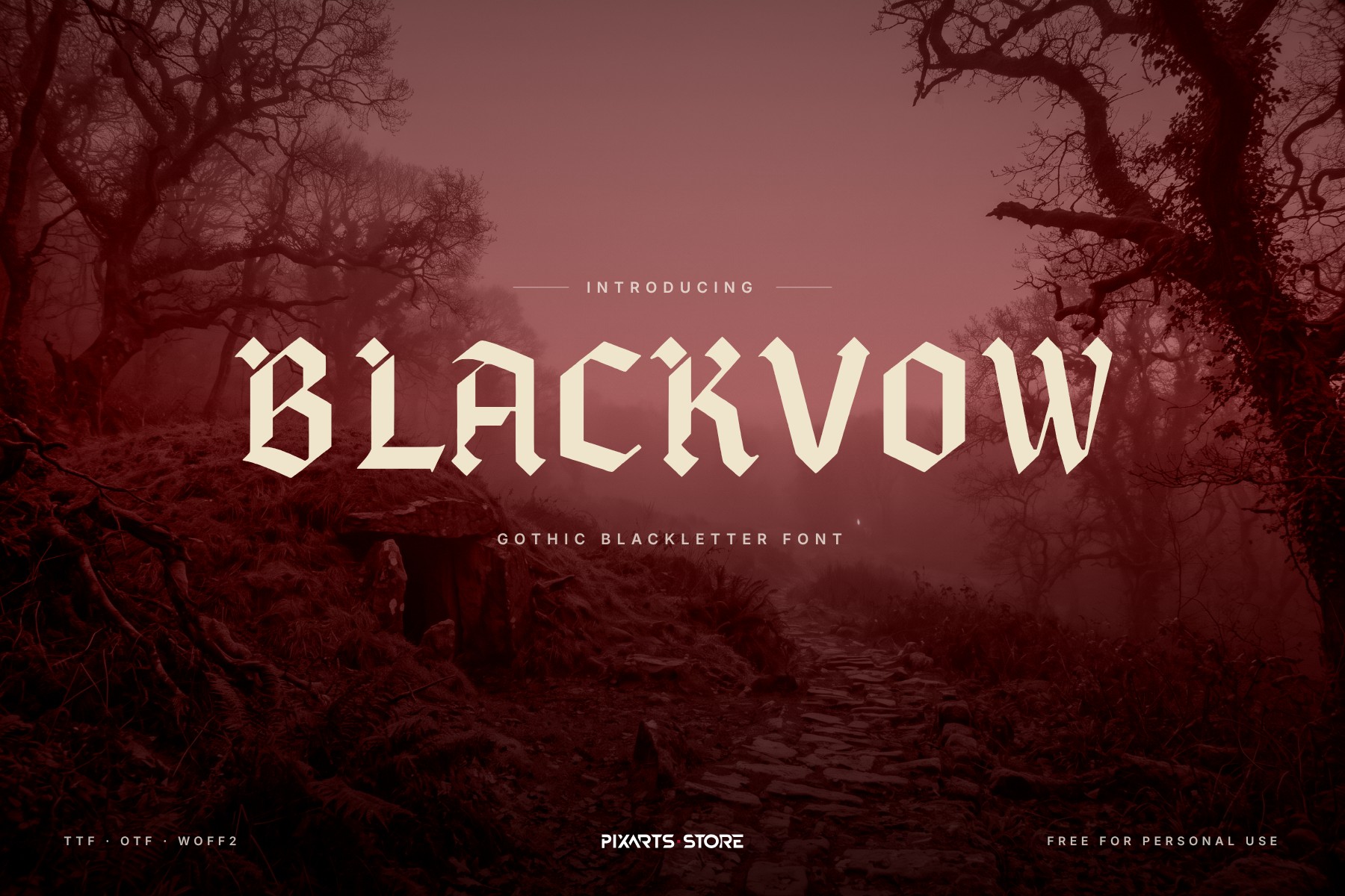 Blackvow gothic blackletter font, title on a dark forest background