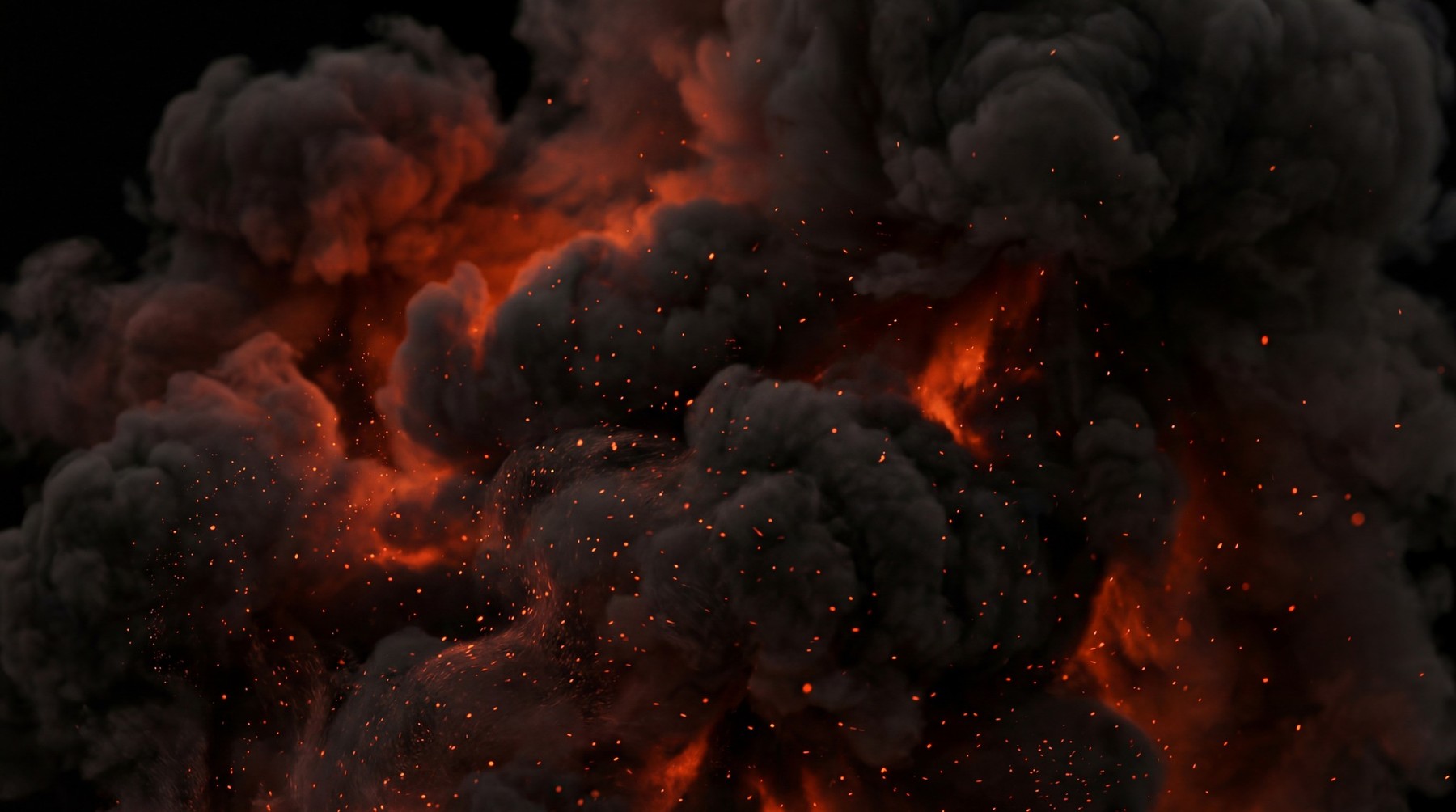 A dynamic and intense explosion depicted as a column of dark, dense smoke infused with bright orange and red flames. Numerous small, glowing embers and sparks are scattered throughout the smoky mass, suggesting a powerful eruption.