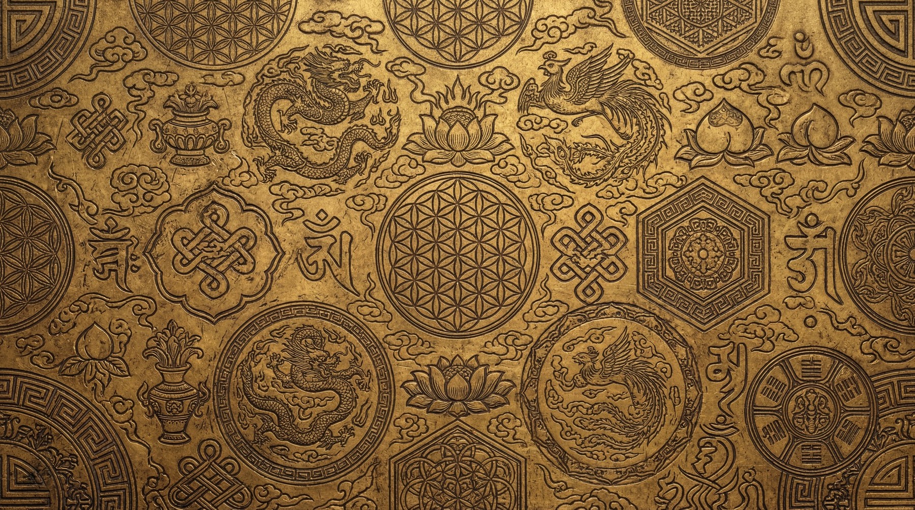 A close-up view of an ornate gold texture featuring intricate carvings of dragons, phoenixes, lotuses, peaches, and geometric symbols.