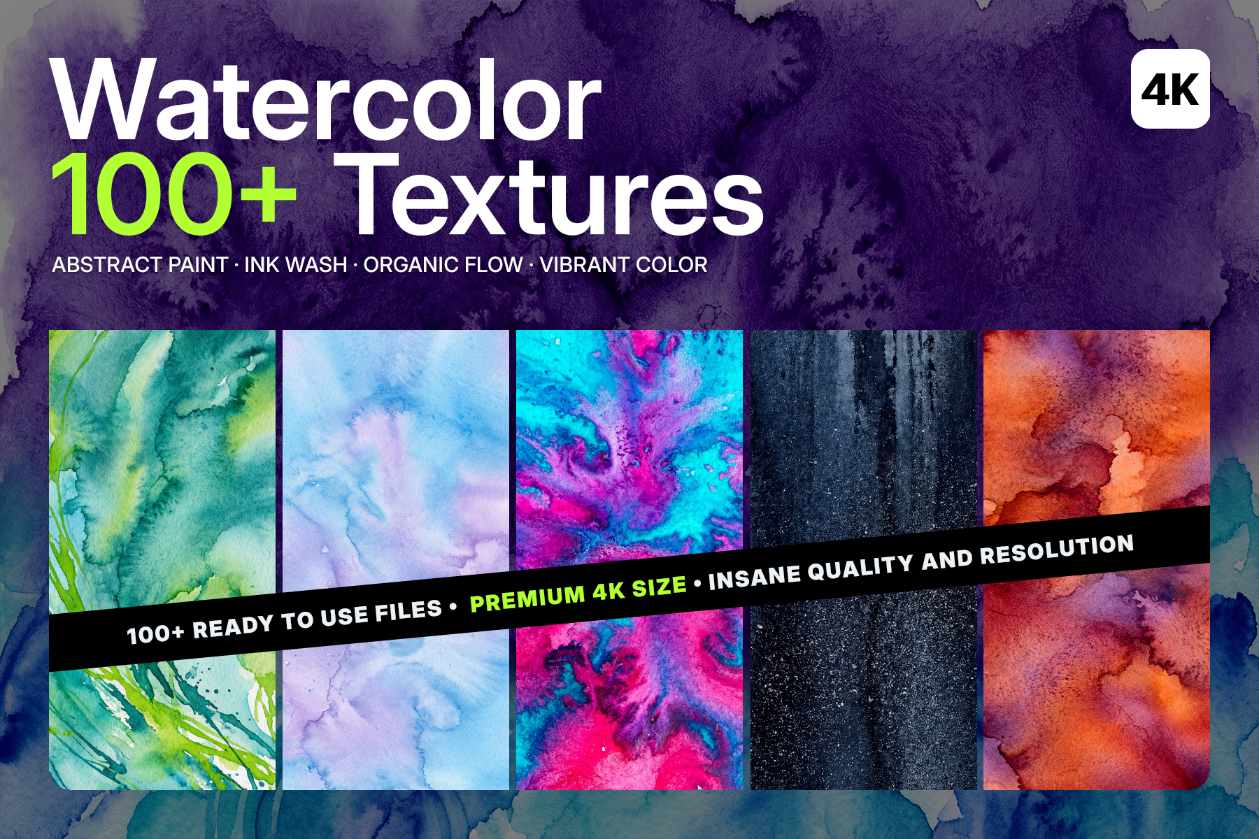 Watercolor 100+ Textures 4K pack cover with vibrant multicolor watercolor samples