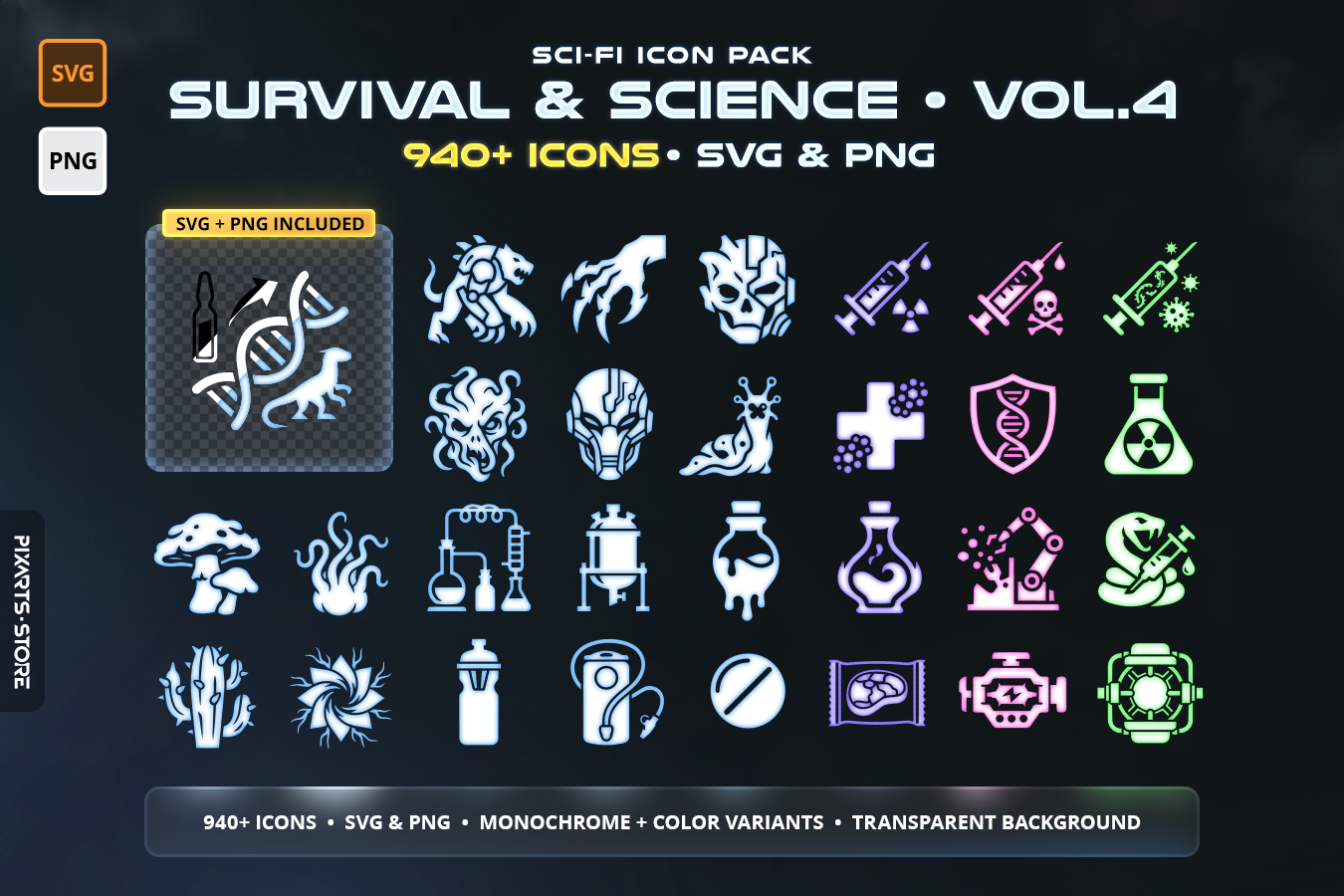 Sci-Fi Survival & Science Icon Pack Vol.4 – 940+ inventory icons including nano medkits, alien flora, synth food and crafting materials. SVG and PNG with 6 color variants.