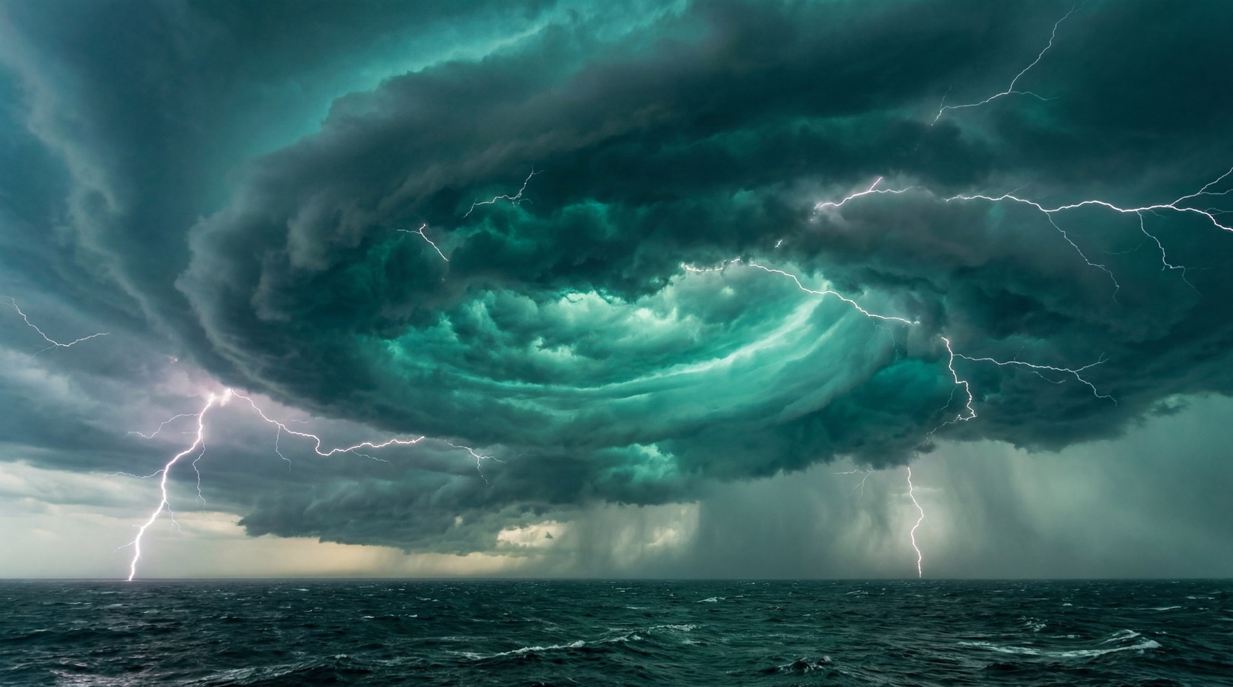 A powerful storm with swirling dark green and teal clouds, illuminated by multiple lightning strikes over a rough ocean.