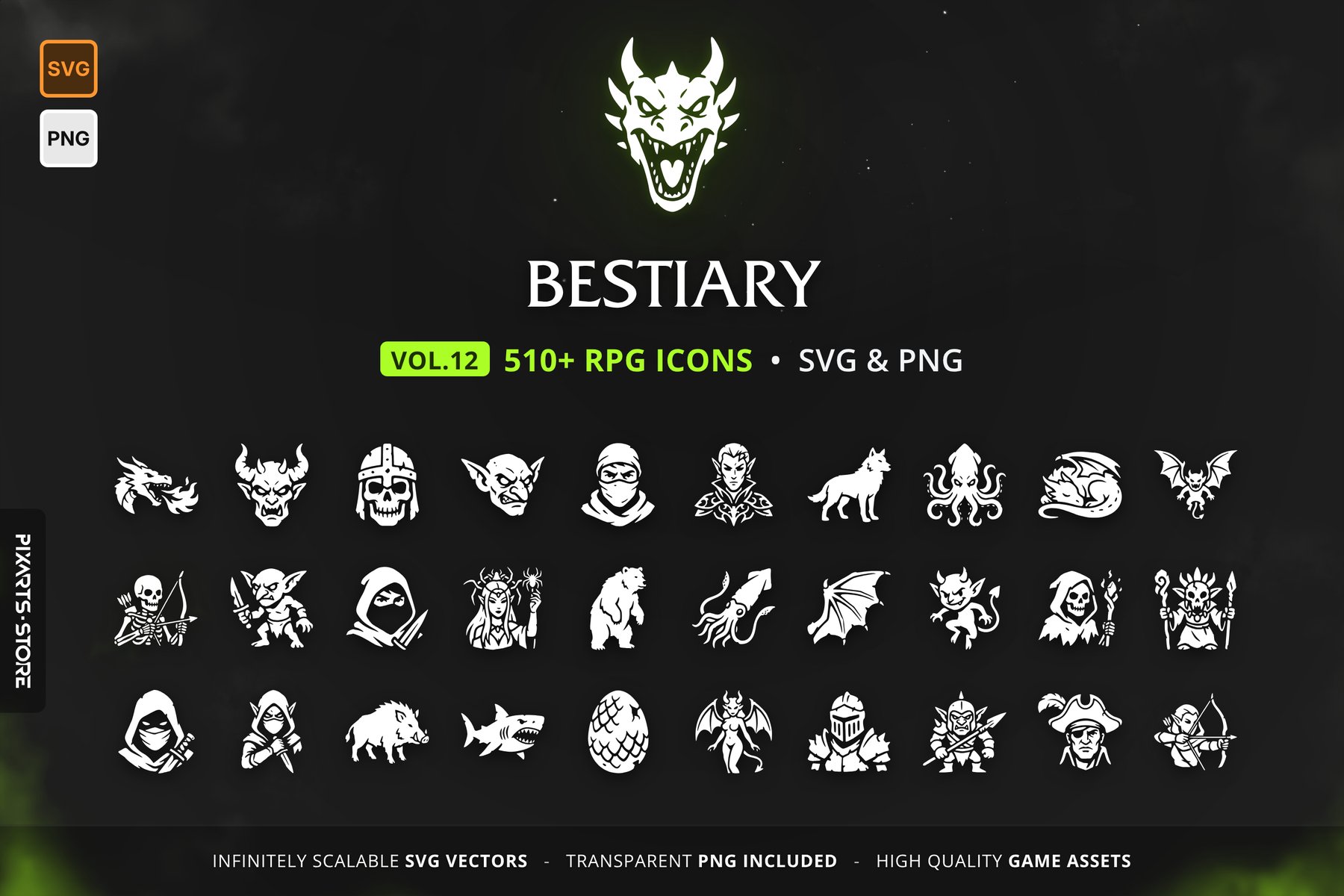 RPG Monster & Bestiary Icons Vol.12 – 512 vector game icons: dragons, demons, undead, orcs, goblins, bandits, beasts and sea creatures, in SVG and PNG