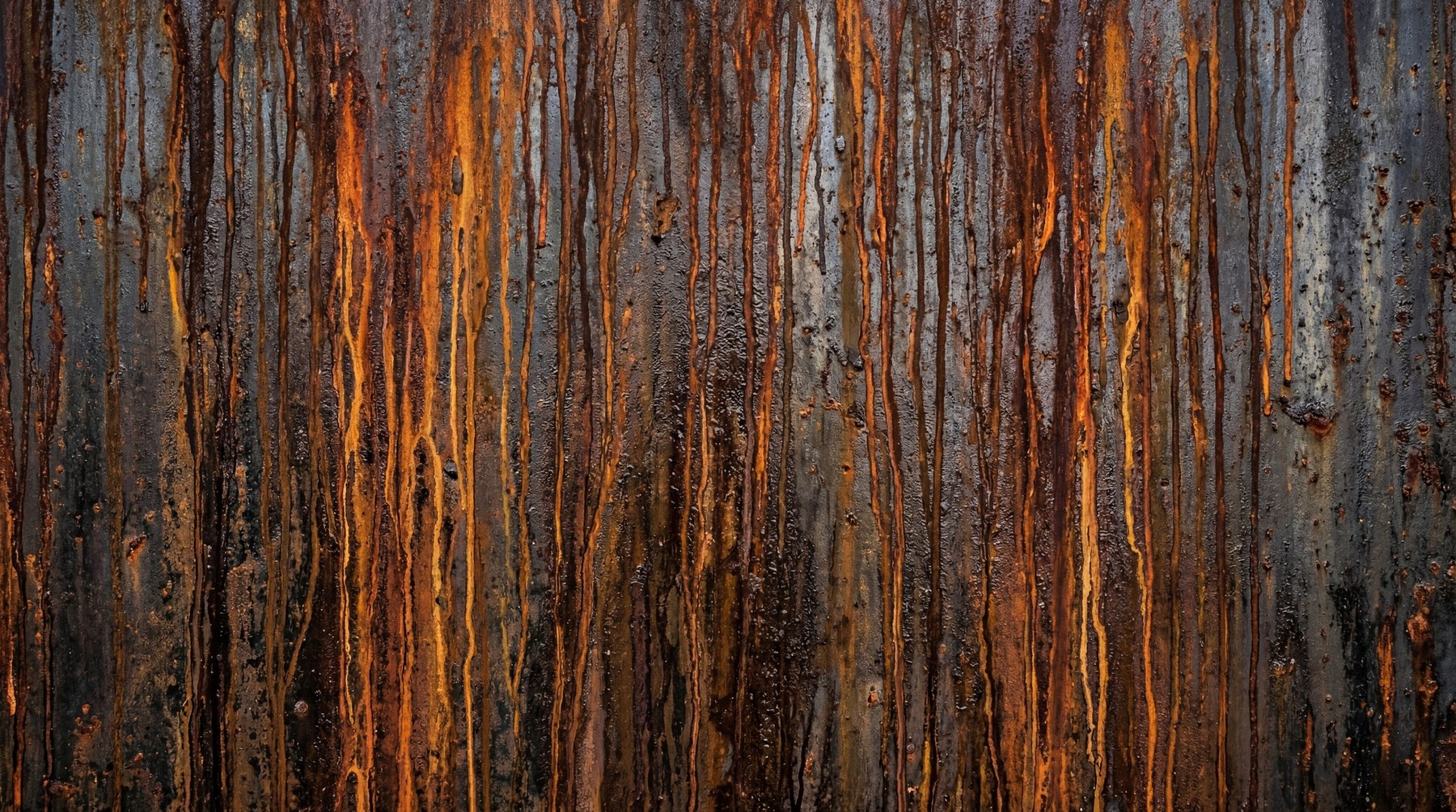 A dark, weathered metal surface with pronounced vertical streaks of orange and brown rust drips.