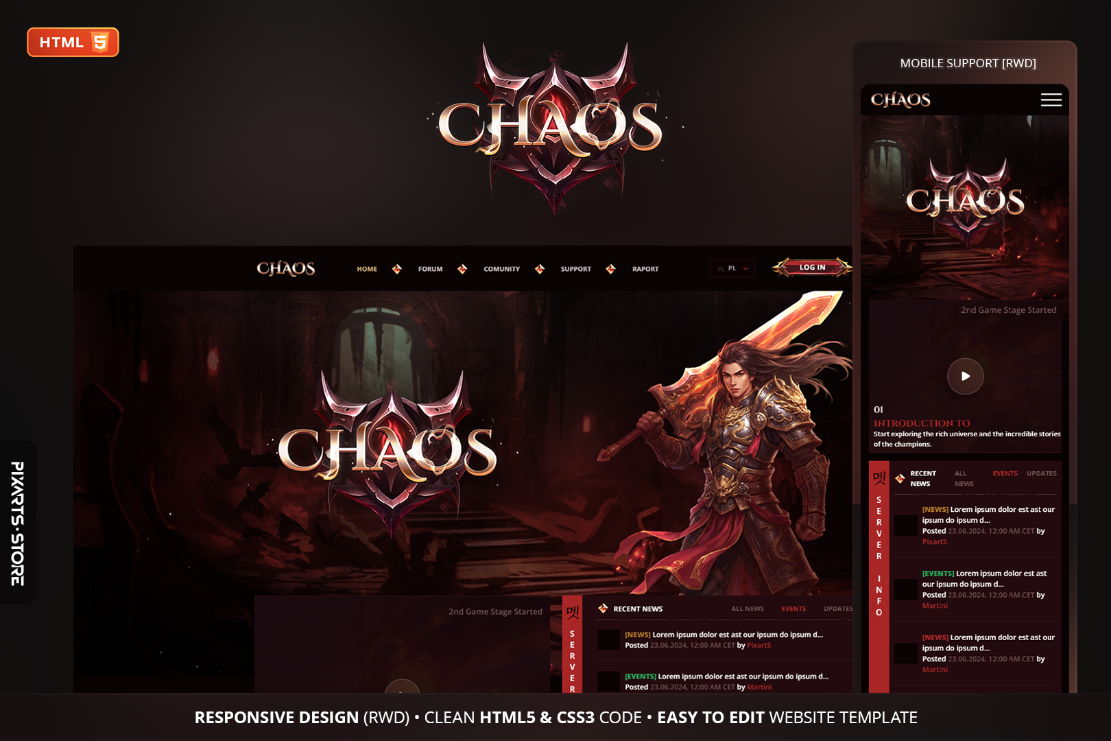Chaos dark fantasy MMORPG game website template – crimson PvP design with character artwork included