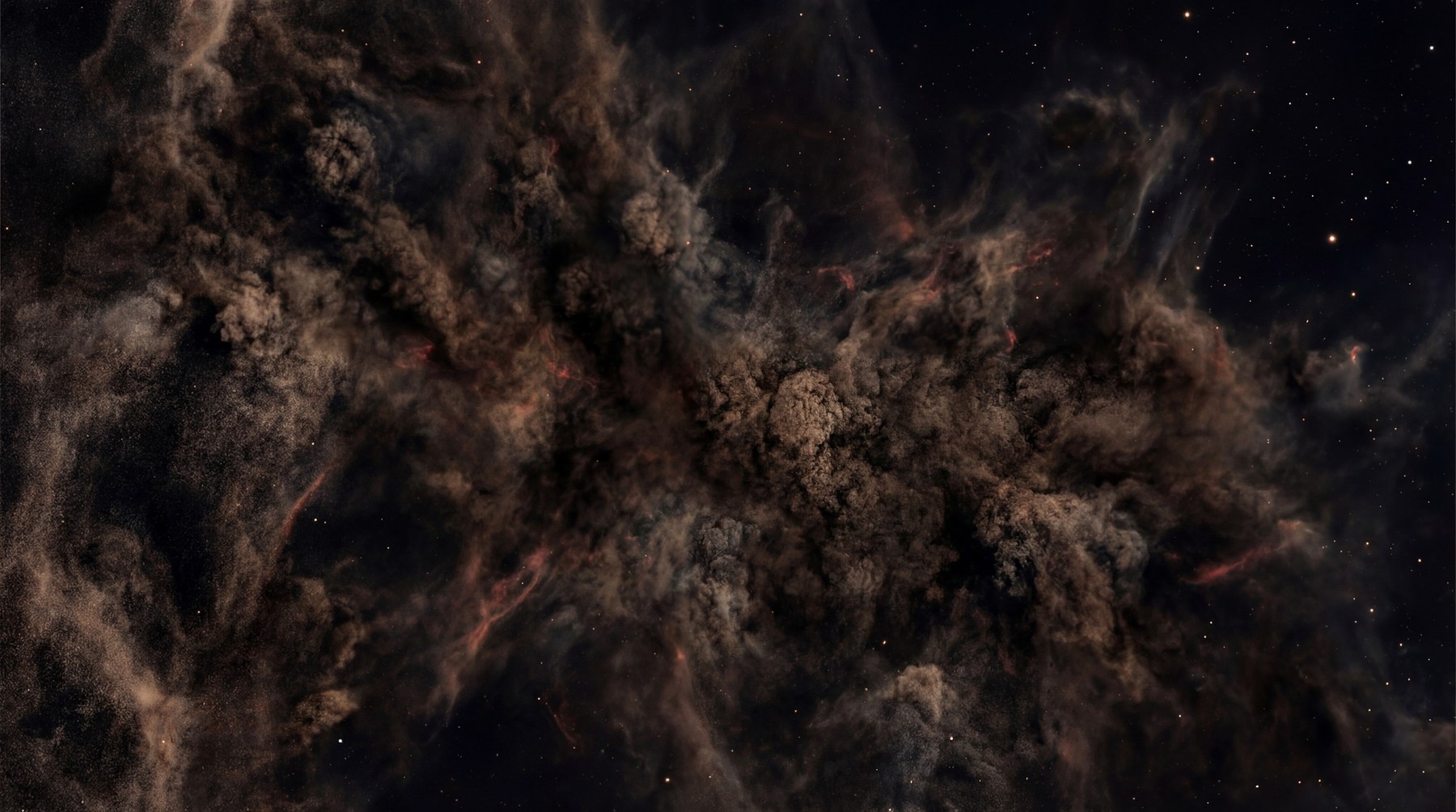 A deep space nebula filled with dense, dark brown cosmic dust clouds interwoven with faint red gas filaments, against a black starry background.