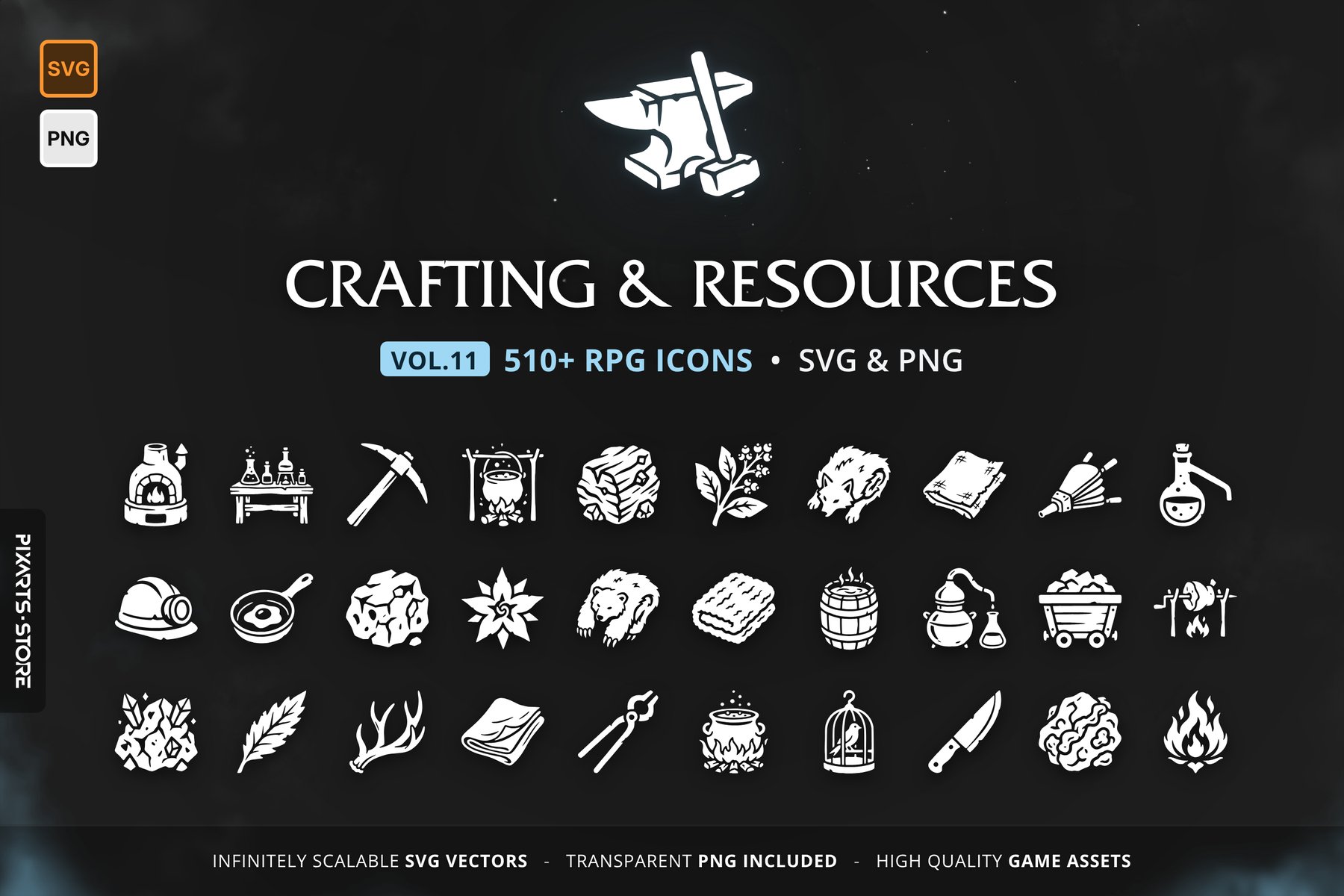 RPG Crafting & Resources Icons Vol.11 – 512 vector game icons: ores, ingots, wood, herbs, gems, monster materials, crafting stations and gathering tools, in SVG and PNG