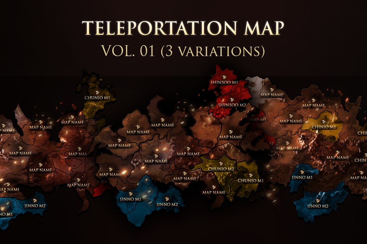 MMORPG teleportation world map PSD template Vol.01 with three visual variations showing Shinsoo, Chunjo and Jinno empire color zones on a dark fantasy atlas