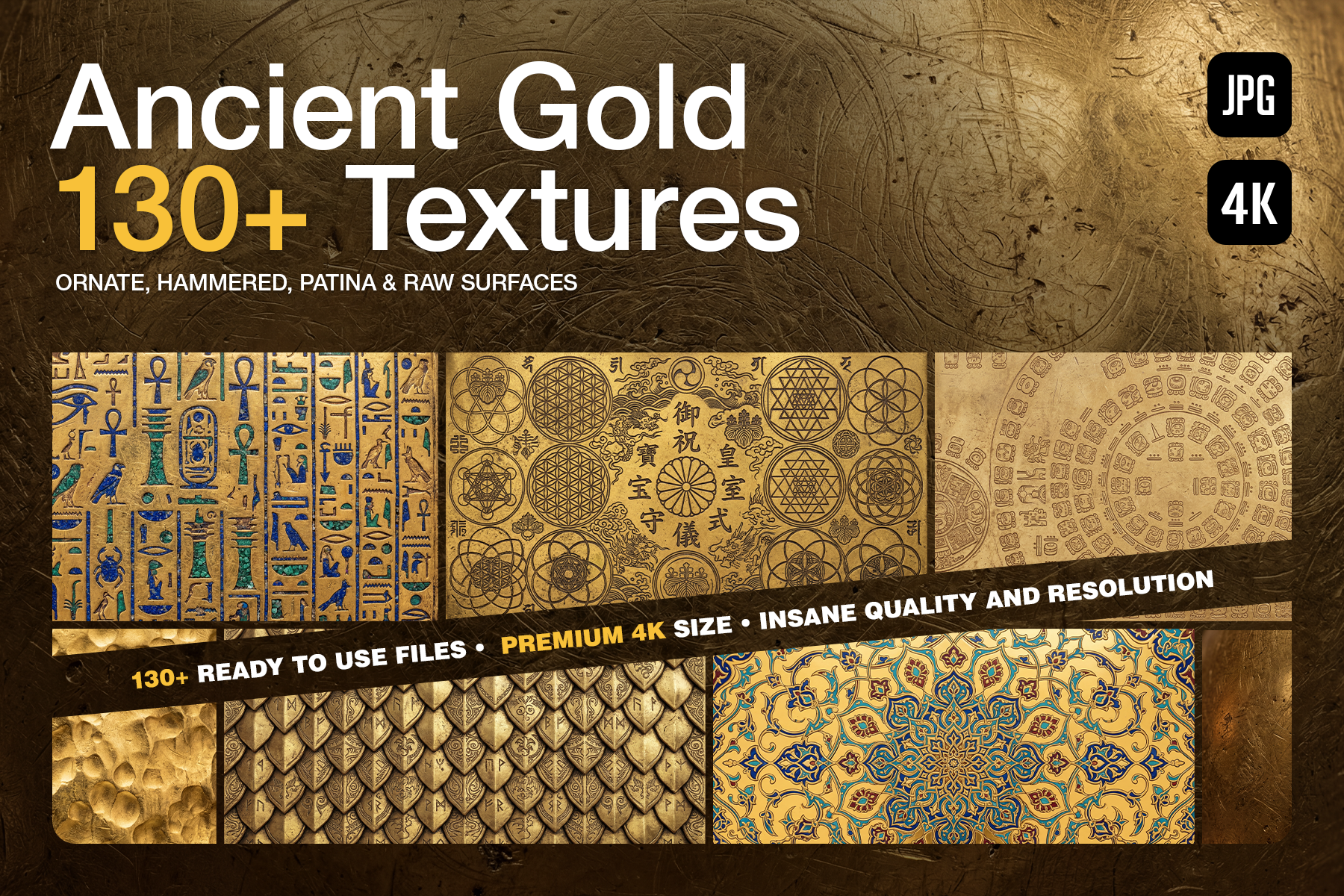 Cover graphic for the 130+ Ancient Gold 4K Textures pack, showcasing a rich collage of ornate Egyptian hieroglyphs, hammered metal, mandala patterns, and dragon scales.