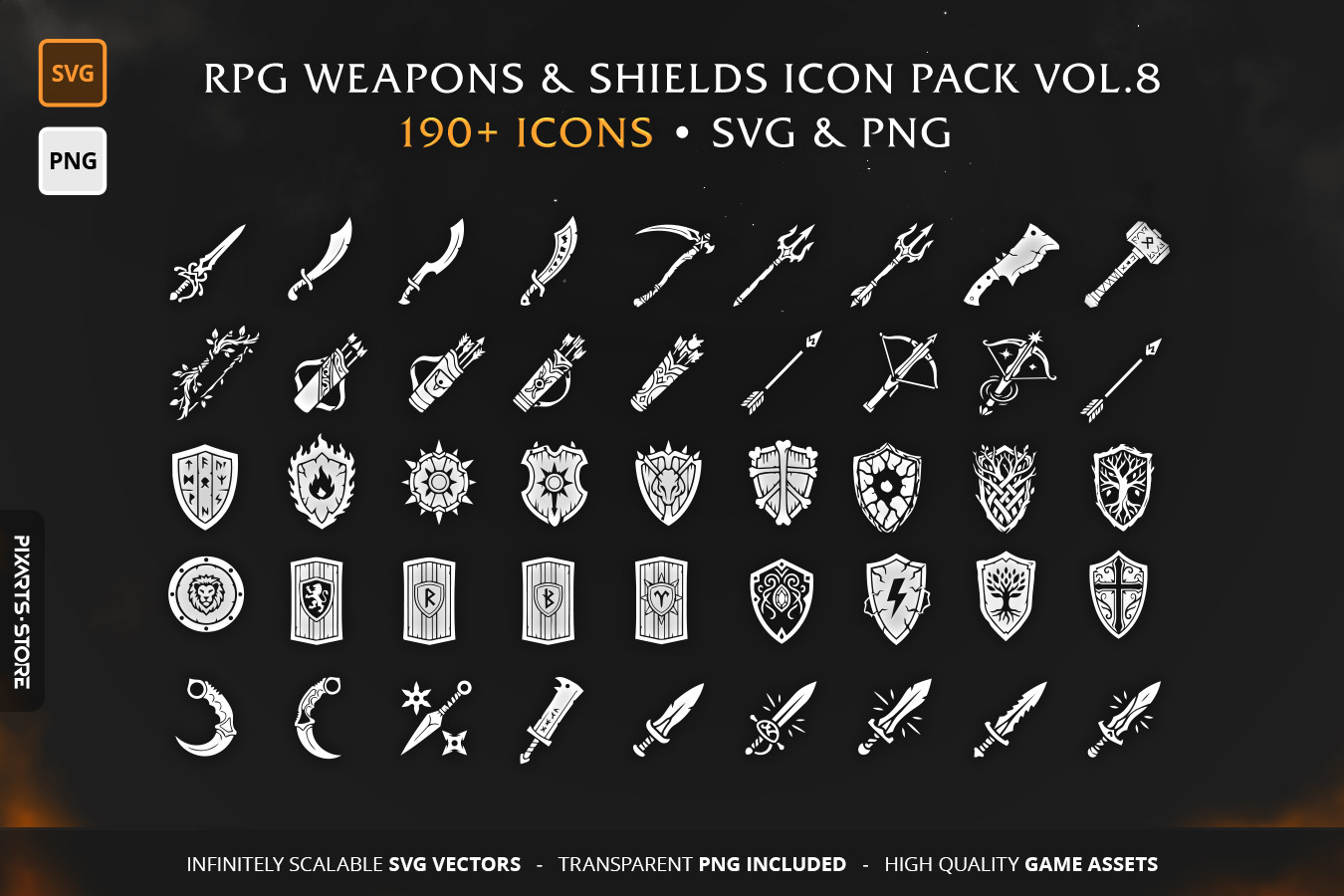 RPG Weapons & Shields Vol.8 - Collection of 190+ vector game icons, including swords, battle axes, and heraldic shields in SVG and PNG format