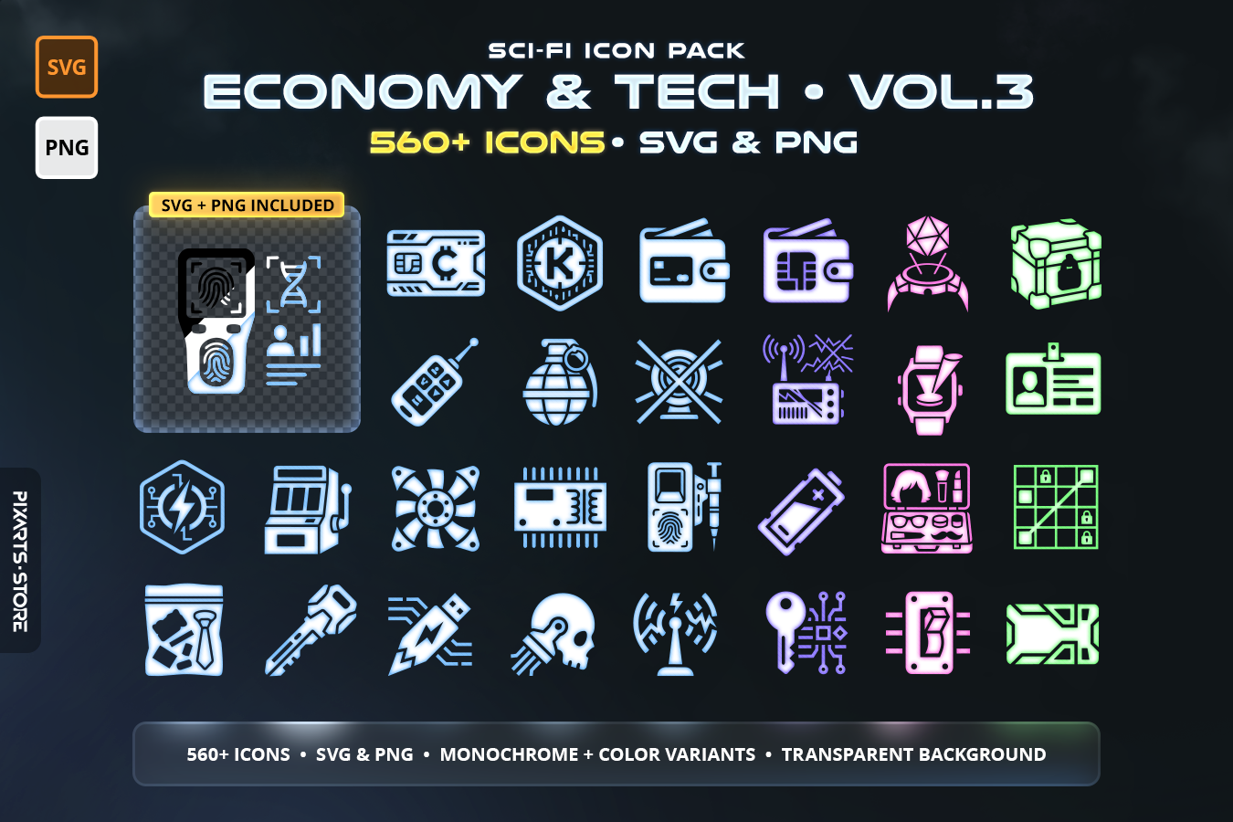 Sci-Fi Economy & Tech Icon Pack Vol.3 cover showing 560+ futuristic icons including credit chips, casino tokens, tech gadgets, keycards and storage containers in SVG and PNG format with 6 colors