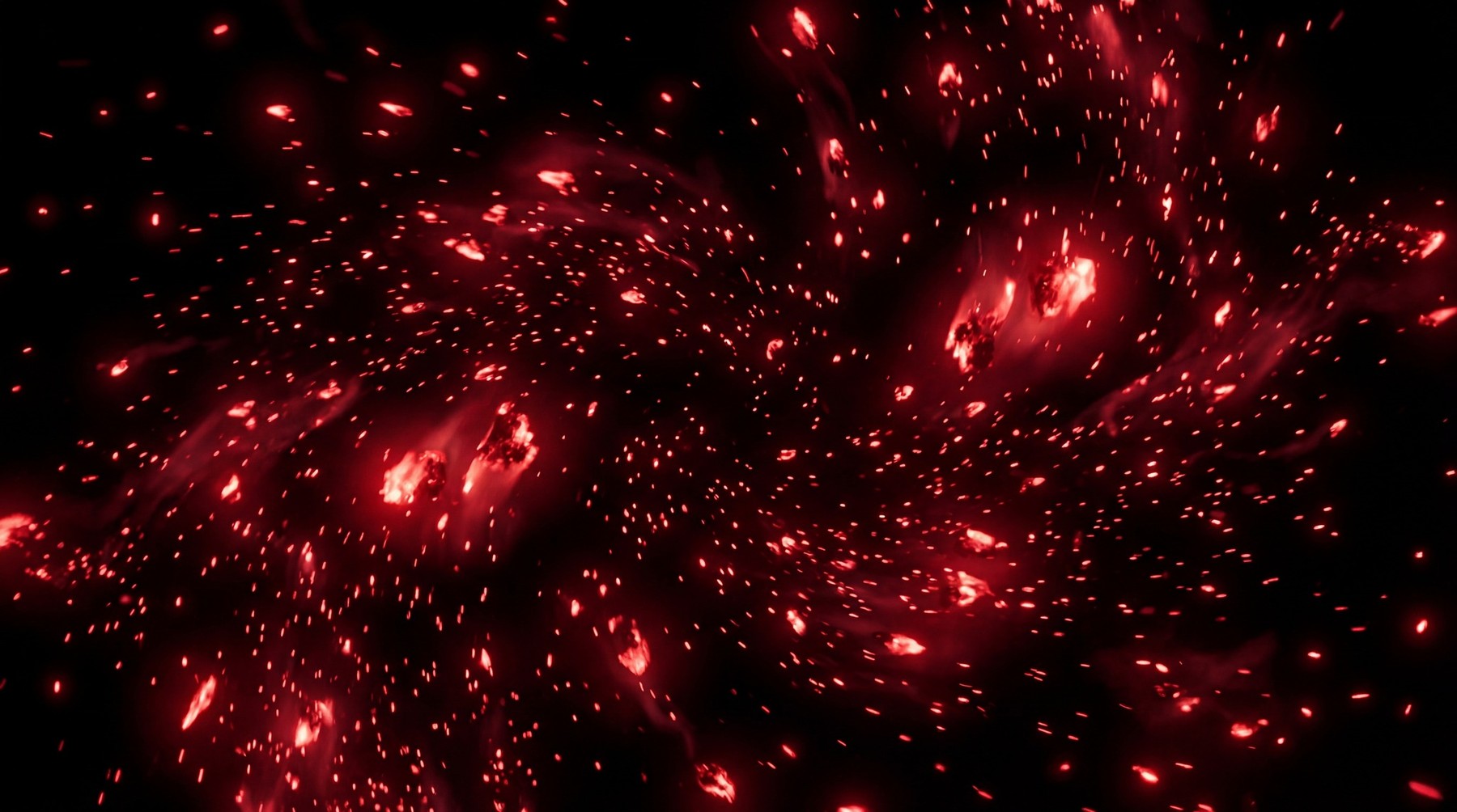 Abstract visualization of numerous small, glowing red embers scattered and swirling against a dark, cosmic background.