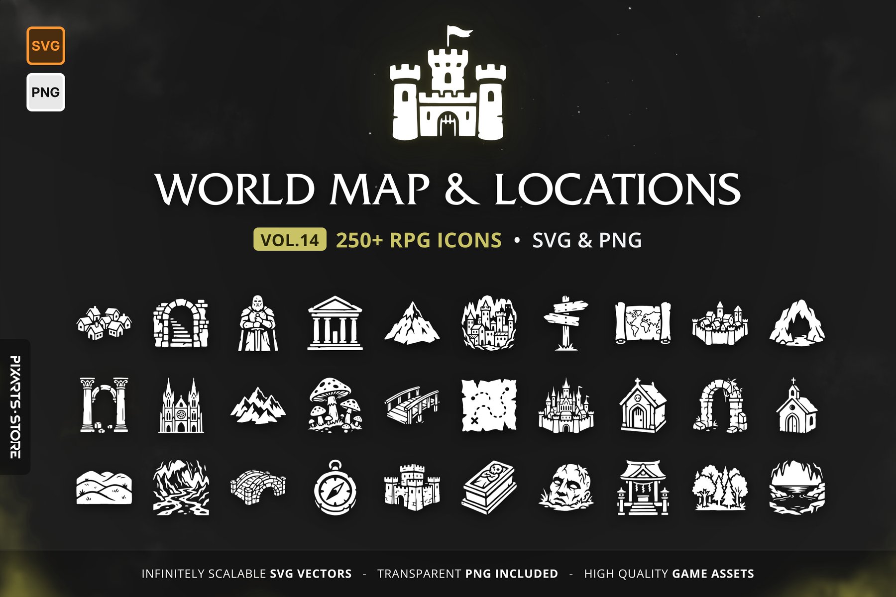 RPG World Map & Locations Icons Vol.14 – 256 vector game icons: towns, castles, dungeons, landmarks, magical realms, regions, camps and map tools, in SVG and PNG