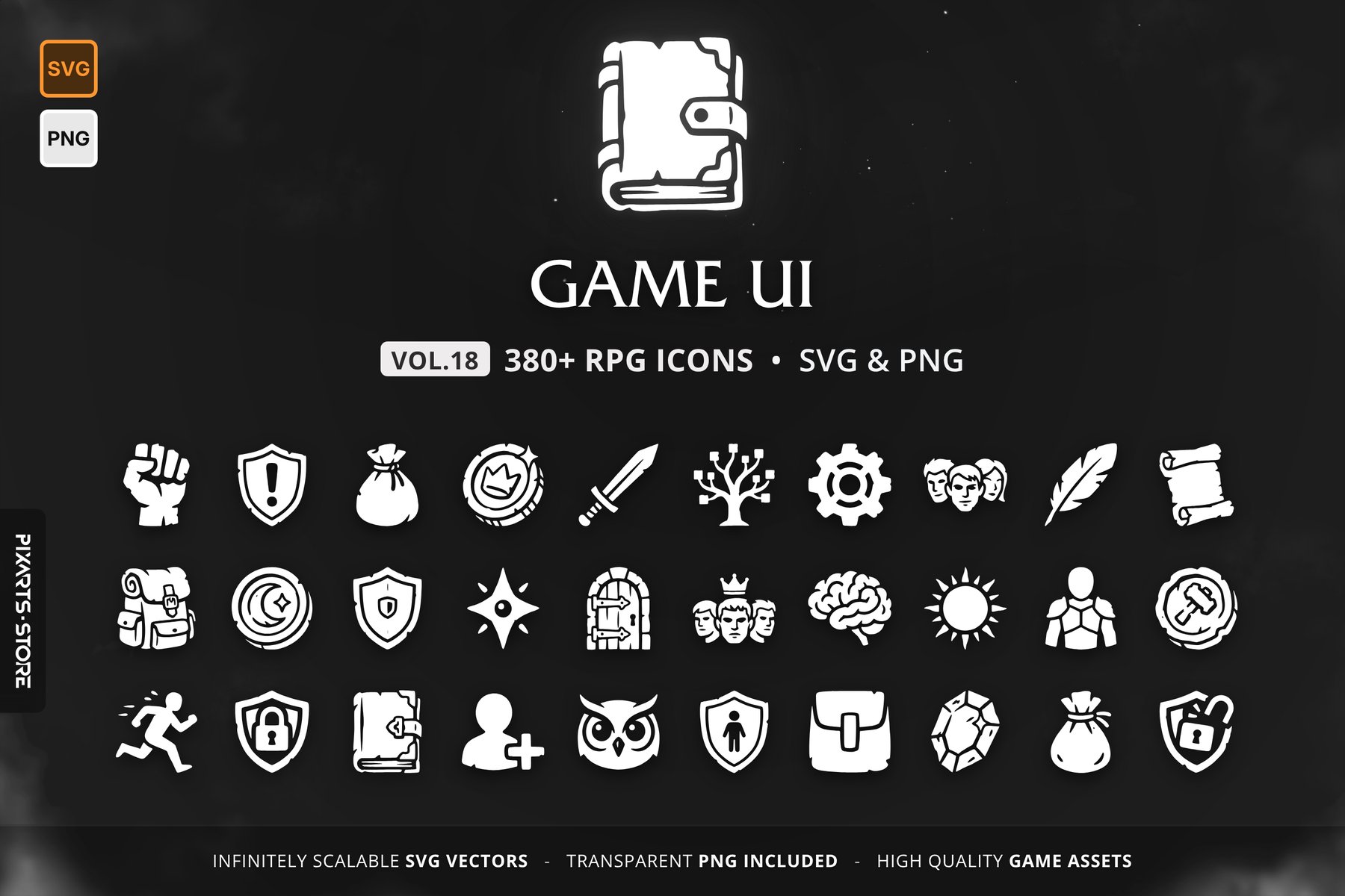 RPG Game UI Icons Vol.18 – 384 vector game icons: character stats, quest markers, inventory, currencies, resource bars, skill trees and HUD, in SVG and PNG