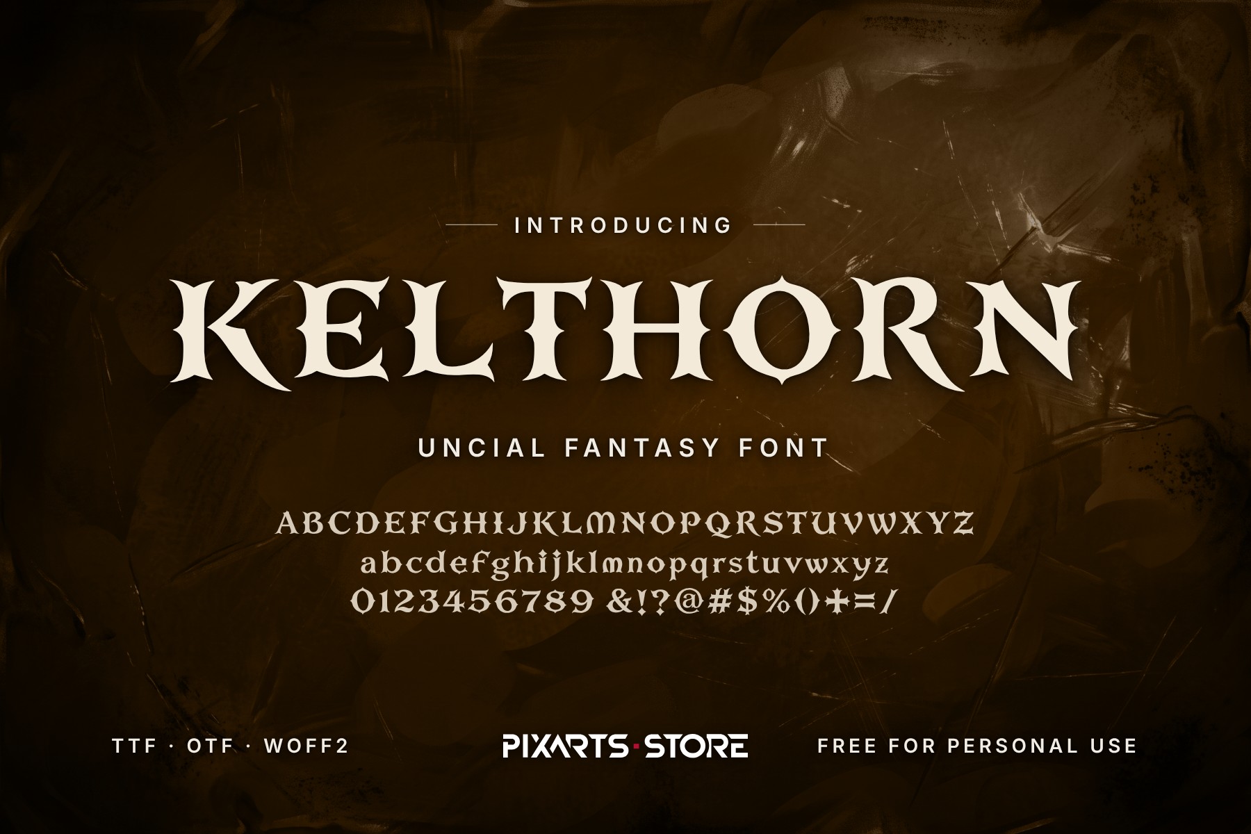 Kelthorn uncial fantasy font, cover with the font name