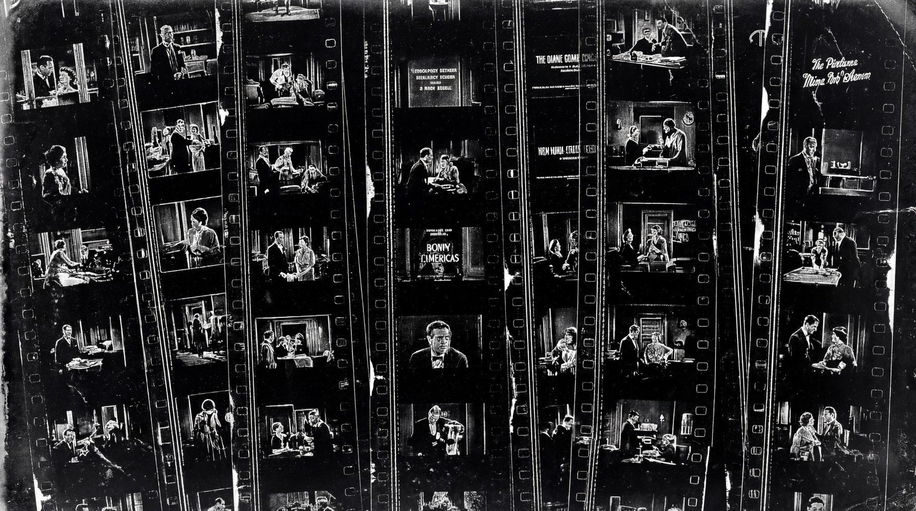 A collage of black and white film frames showing various cinematic scenes arranged vertically on a film strip.