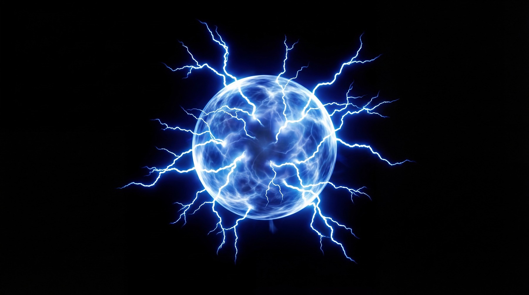 A luminous electric blue sphere with intricate, branching tendrils of white and blue lightning emanating radially outwards against a black background.