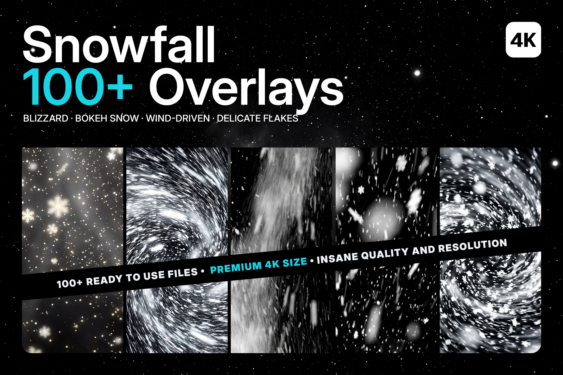 Snowfall Overlays pack cover — 100+ winter overlay images with blizzard, bokeh snow, wind-driven streaks and delicate flakes, up to 5K
