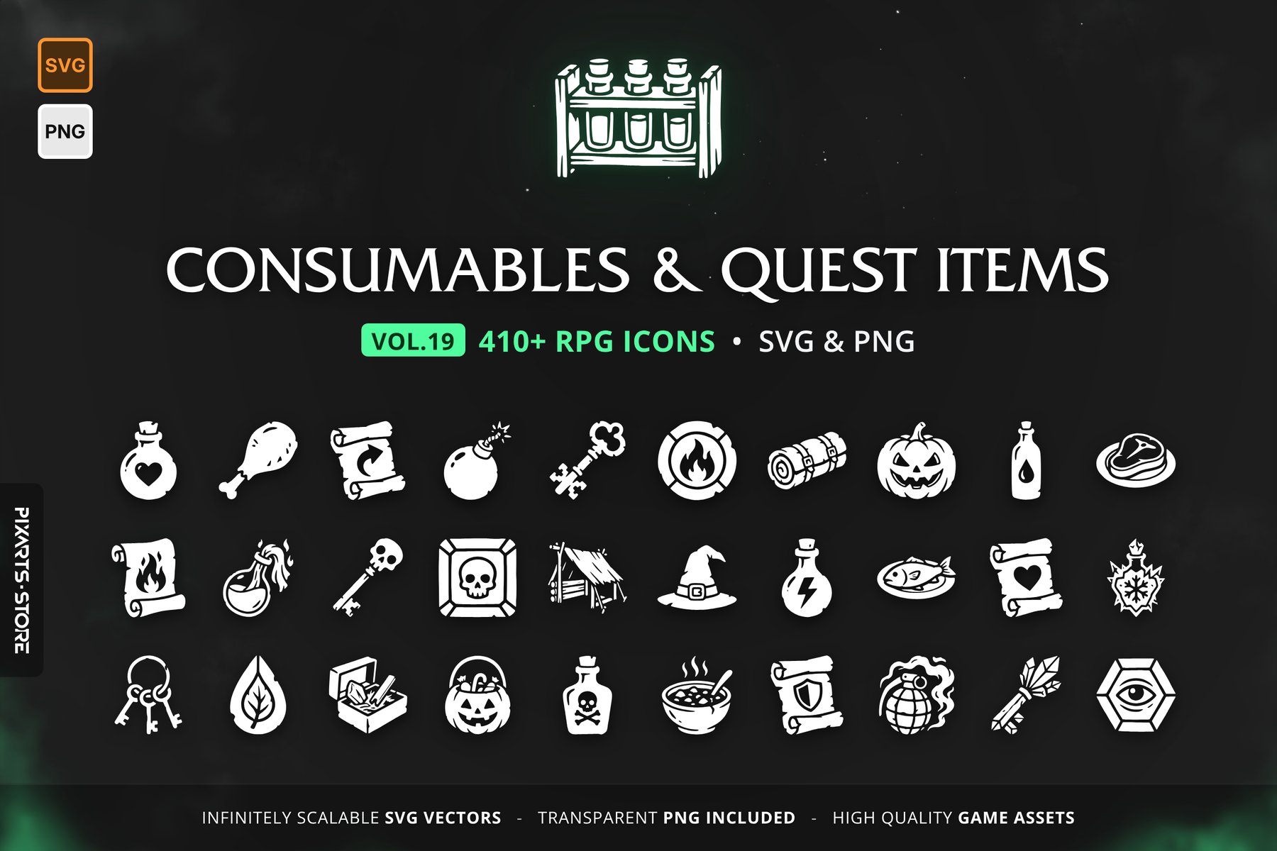 RPG Potions & Quest Items Icons Vol.19 – 416 vector game icons: potions, food, scrolls, bombs, ammo, quest relics, charms, keys and tavern games, in SVG and PNG