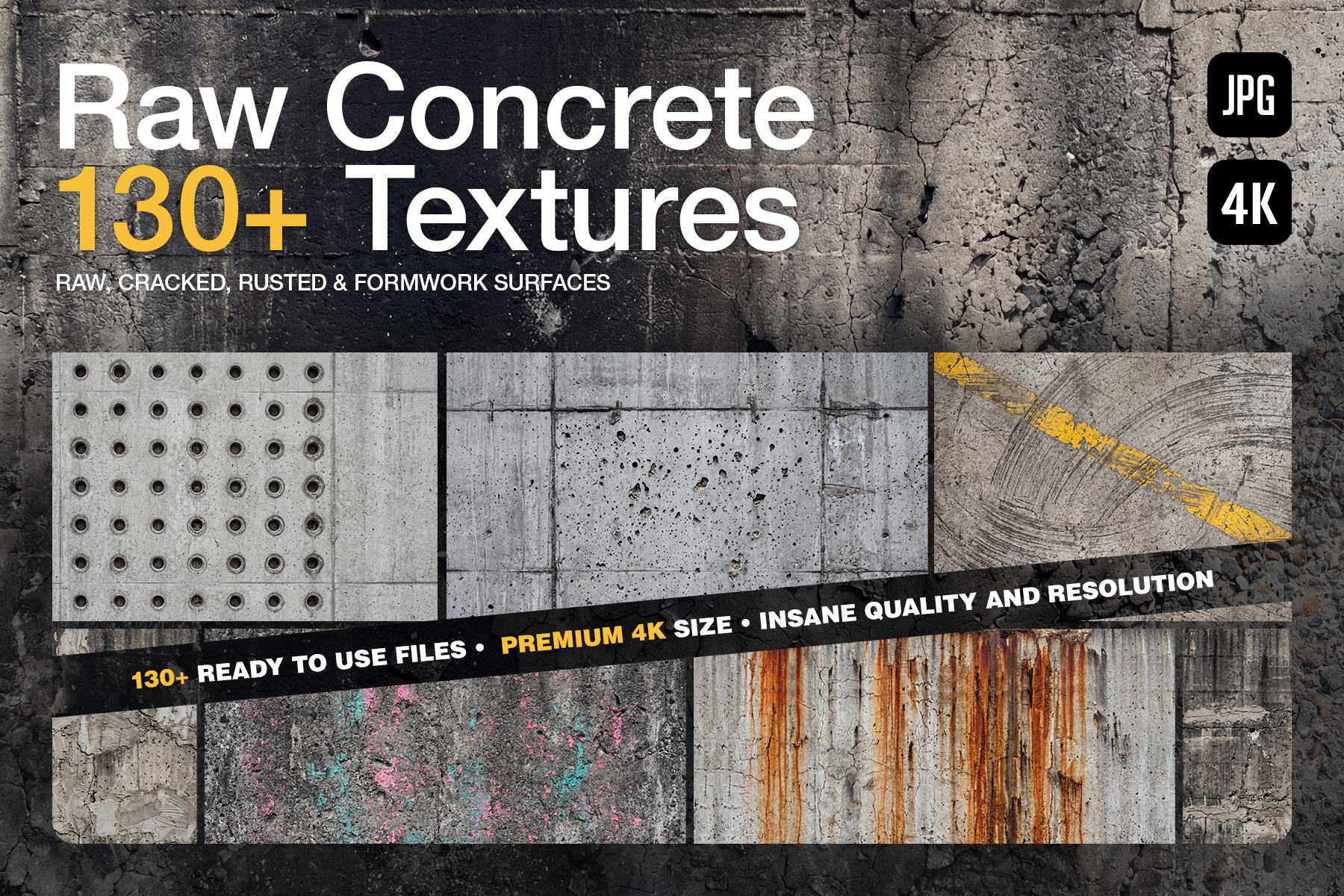 Cover graphic for the 130+ Raw Concrete 4K Textures pack, displaying a collage of architectural formwork, rusted cement, painted walls, and damaged industrial surfaces.