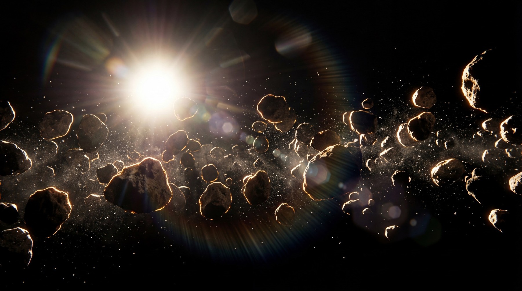 A dense field of irregularly shaped, rocky asteroids clustered together, illuminated by a bright, star-like light source casting lens flare.