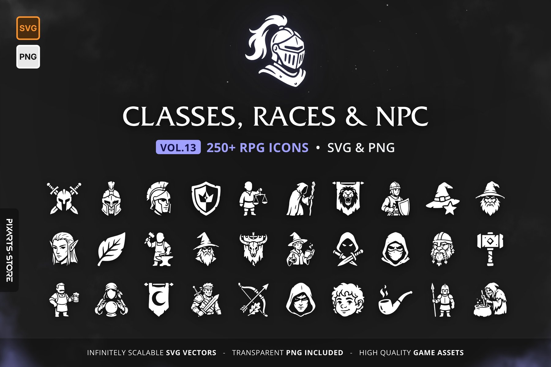 RPG Classes, Races & NPC Icons Vol.13 – 256 vector game icons: class emblems, class portraits, races, town NPCs, factions and companions, in SVG and PNG