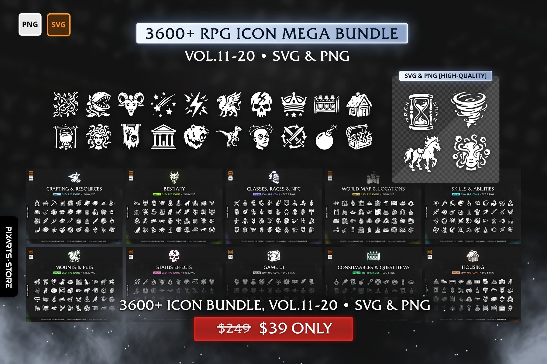 RPG Game Icon Mega Bundle Vol.11–20 – 3616 vector RPG game icons in SVG and PNG: crafting, monsters, classes, world map, skills, mounts, status effects, UI, potions and housing